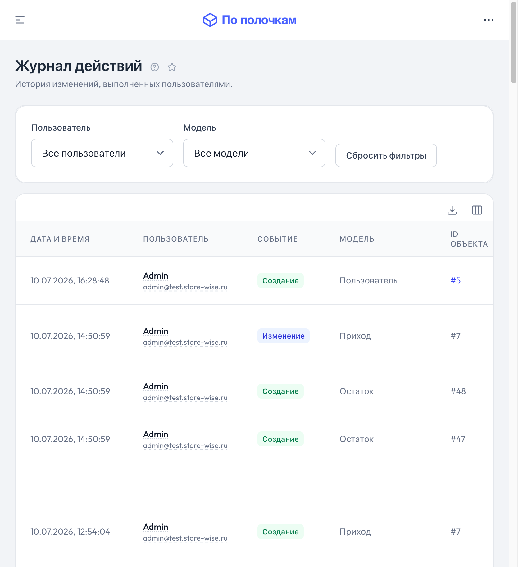 Журнал действий пользователей в «По полочкам» — планшет