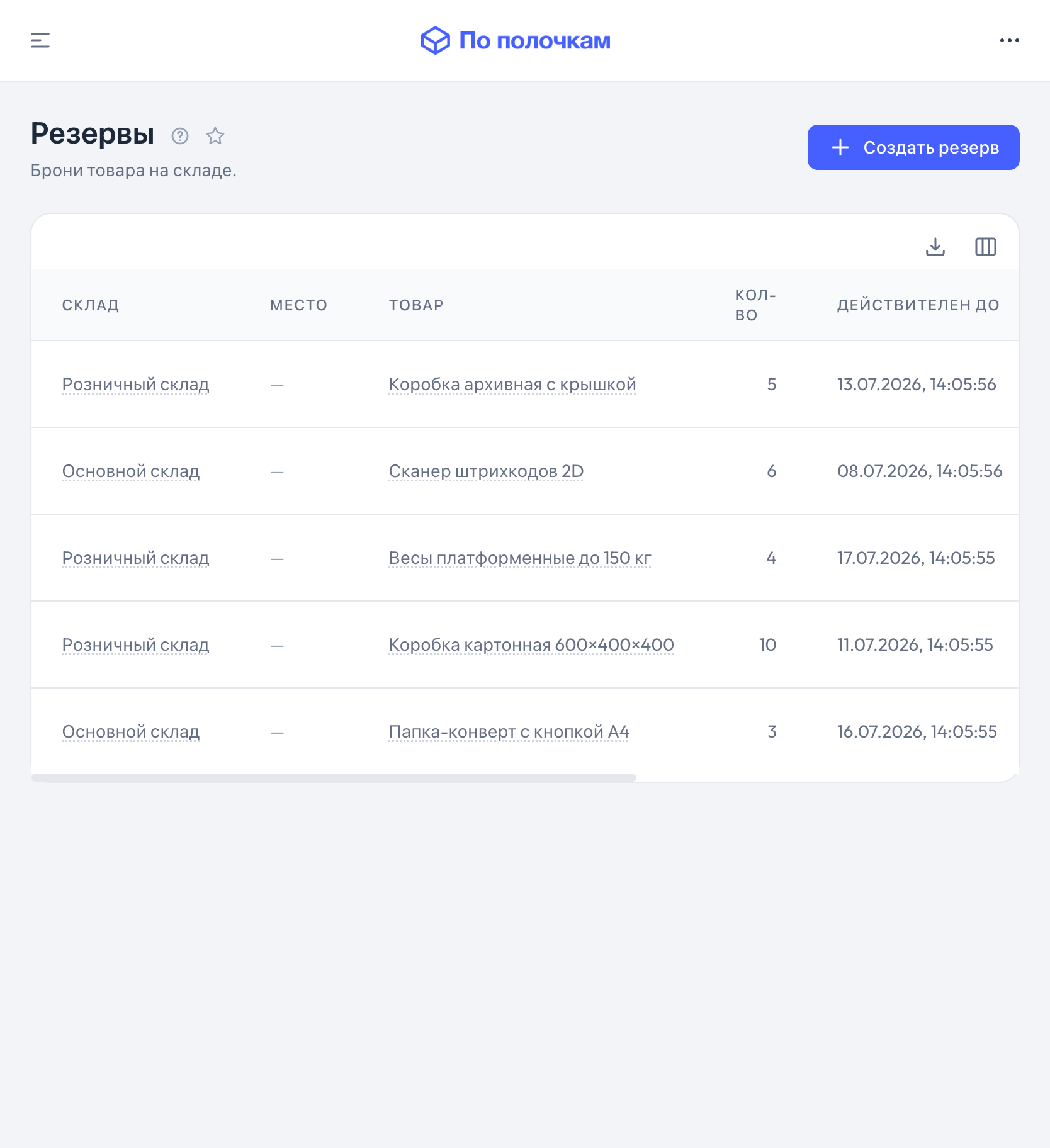 Резервы товара в «По полочкам» — планшет