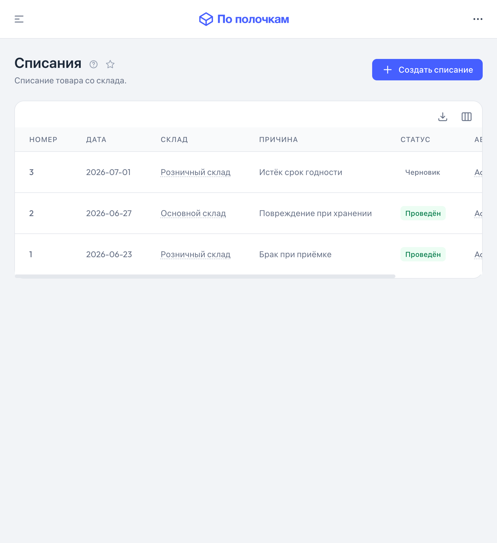 Списания товара в «По полочкам» — планшет